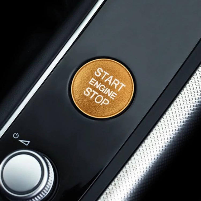 Aluminum Alloy Decorative Trim for Audi Start Button in gold finish installed on dashboard start engine stop