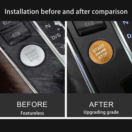 Aluminum Alloy Decorative Trim for Audi Start Button shown before and after installation highlighting gold trim upgrade