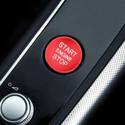 Aluminum Alloy Decorative Trim for Audi Start Button surrounding red START ENGINE STOP button on black dashboard