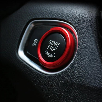 BMW Aluminum Alloy Engine Start Key Button Trim Decoration in red installed on BMW start stop engine button, lightweight interior upgrade