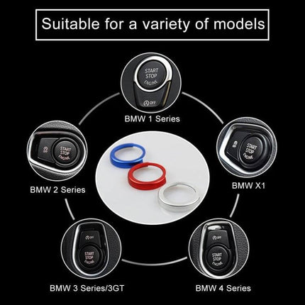 BMW Aluminum Alloy Engine Start Key Button Trim Decoration — lightweight aluminum trim rings shown in red, blue, silver for BMW 1/2/3/4 Series & X1