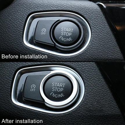 BMW Aluminum Alloy Engine Start Key Button Trim Decoration – before and after installation showing silver alloy ring around Start Stop button