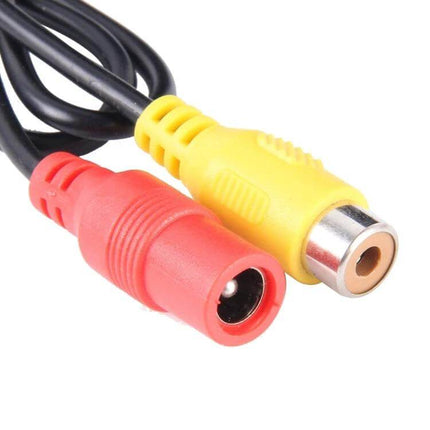 Universal Waterproof Rear View Backup Camera for Cars RCA video and power connectors close-up, waterproof rear view camera accessory