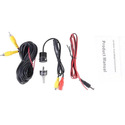 Universal Waterproof Rear View Backup Camera for Cars accessories and wiring kit shown with RCA cables and product manual