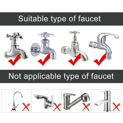 Garden Watering Telescopic Hose 30m With Connector showing compatible faucet types with check marks and incompatible faucets marked with red X