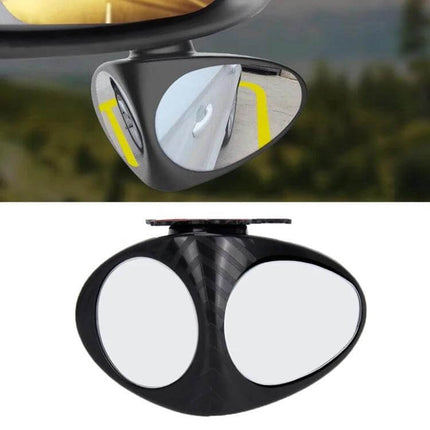 Right Side Blind Spot Assistant Mirror for Cars in Black and White mounted on lower left side mirror showing front wheel and parking lane visibility