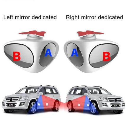 Right Side Blind Spot Assistant Mirror for Cars in Black and White - compact angled auxiliary mirror showing left and right mirror coverage for parking and lane changes