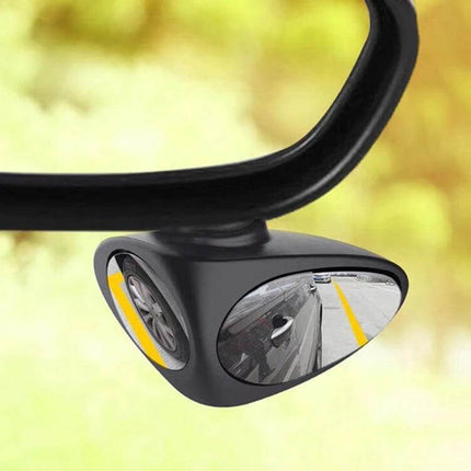 Right Side Blind Spot Assistant Mirror for Cars in Black and White mounted on lower left side mirror showing front wheel and lane visibility