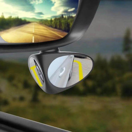 Right Side Blind Spot Assistant Mirror for Cars in Black and White mounted on lower left side mirror showing front wheel and curb visibility