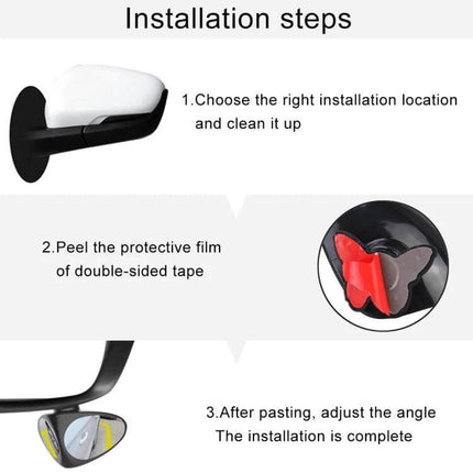 Right Side Blind Spot Assistant Mirror for Cars in Black and White - installation steps showing mount location, peel double-sided tape, and angle adjustment