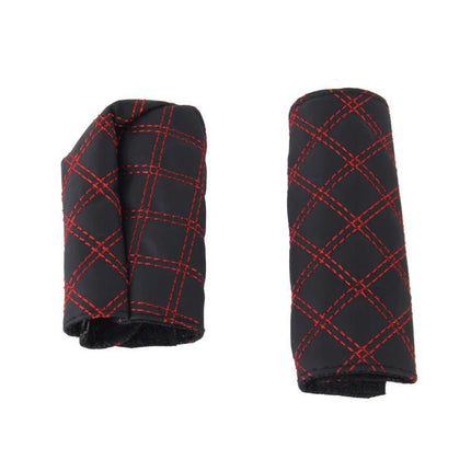 Red and White Car Hand Brake Shift Knob Cover Set - black covers with red diamond stitch for hand brake and shift knob, protective interior upgrade