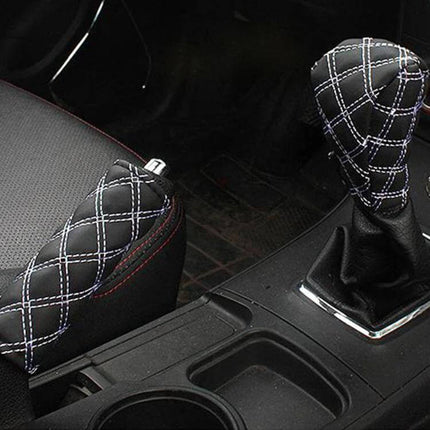 Red and White Car Hand Brake Shift Knob Cover Set fitted on black car interior showing quilted stitch design