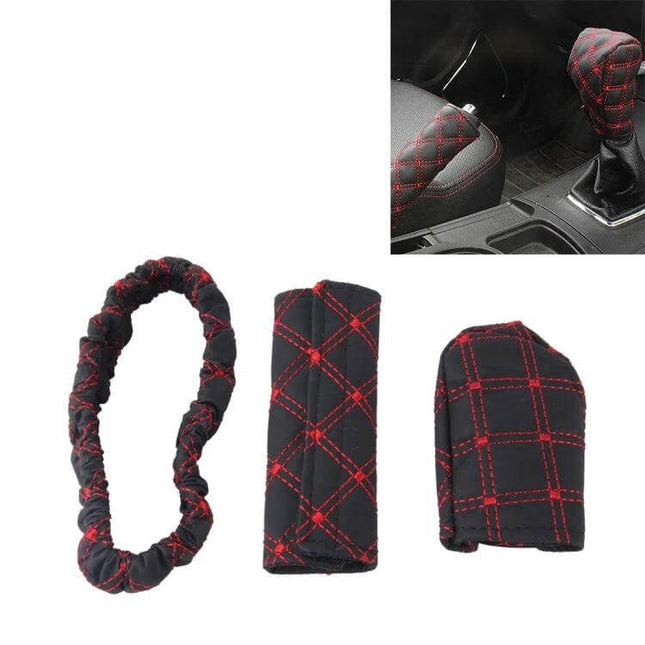 Red and White Car Interior Protection Cover Set for Gear - red/black stitched gear shift cover set with adhesive soft nap