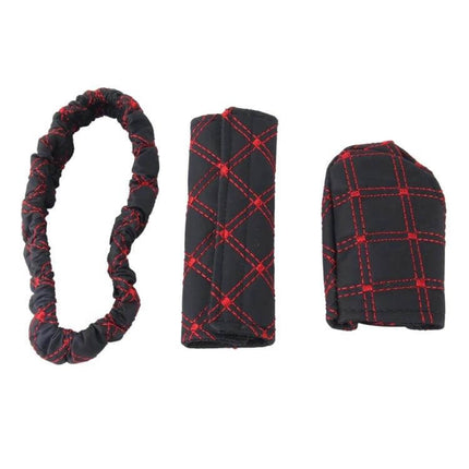 Red and White Car Interior Protection Cover Set for Gear displayed on white background, quilted red-stitched black fabric covers for shift and handbrake