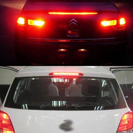 Car Third Brake Light With 80 LEDs Waterproof 80cm Cable mounted on rear window showing bright red LED brake illumination for improved visibility
