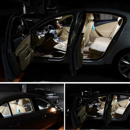 Car Dome Lamp LED Reading Light 31mm For Vehicle Interior illuminated beige sedan cabin with doors open showing LED dome reading lights