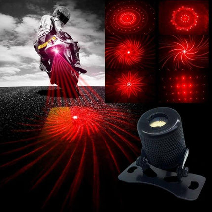Car And Motorcycle Rear Alarm With Six Pattern Laser Fog Light showing mounted laser fog light projecting six selectable red warning patterns behind a motorcycle