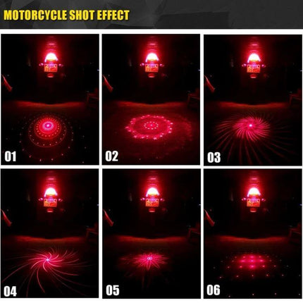 Car And Motorcycle Rear Alarm With Six Pattern Laser Fog Light projecting six red laser warning patterns behind motorcycle to enhance visibility in fog and rain