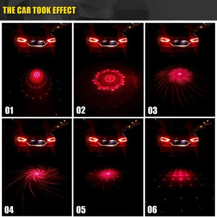 Car And Motorcycle Rear Alarm With Six Pattern Laser Fog Light projecting six red laser pattern warnings behind a car to improve rear visibility