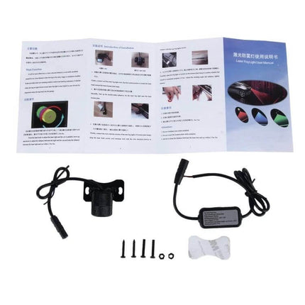 Car And Motorcycle Rear Alarm With Six Pattern Laser Fog Light compact kit laid out with manual, mounting bracket, wiring harness and screws
