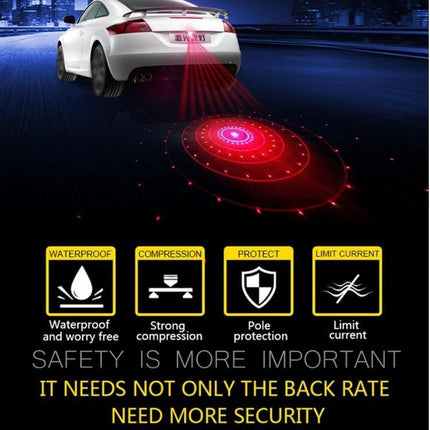 Car And Motorcycle Rear Alarm With Six Pattern Laser Fog Light projecting red laser patterns from a car rear for enhanced foggy/rain visibility and rear warning