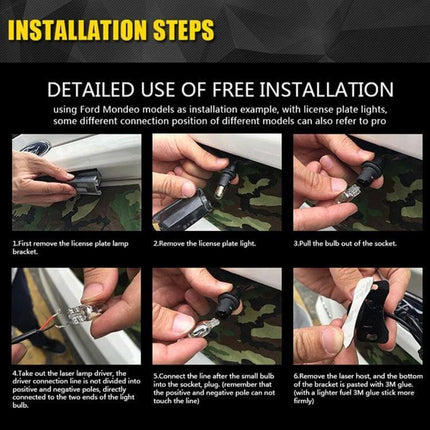 Car And Motorcycle Rear Alarm With Six Pattern Laser Fog Light installation steps showing removing license plate lamp, wiring, and mounting process