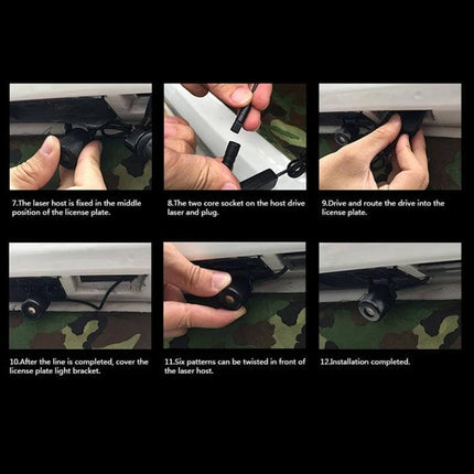 Car And Motorcycle Rear Alarm With Six Pattern Laser Fog Light — installation steps showing mounting, wiring, and positioning under license plate