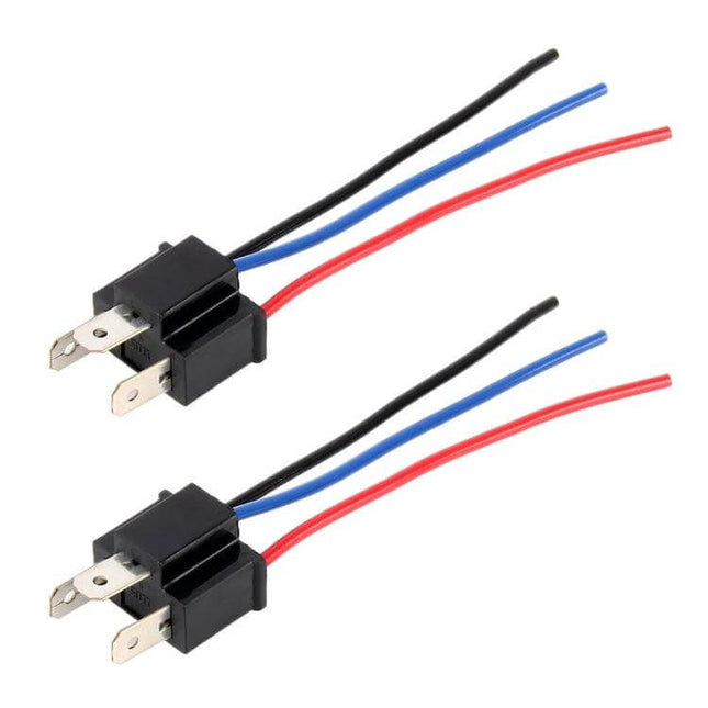 H4 Bulb Holder Base With Wire for Headlight Installation shown as two black wired H4 adapters with red blue black leads