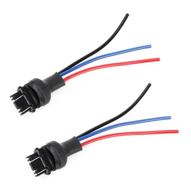Alt Tag: 1 Pair Bulb Holder Base With Wire For Car Bulbs Simple Fit pre-wired T25 3157 adapter with red black blue wires, pair