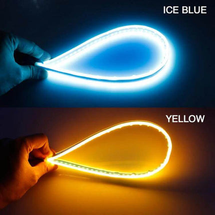 Car LED Turn and Running Lights 60cm flexible ice blue and yellow LED strip showing daytime running and turn signal modes