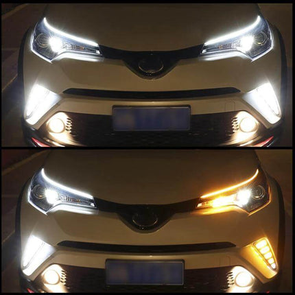 Car LED Turn and Running Lights 60cm mounted on car bumper showing white daytime running and amber turn sequence