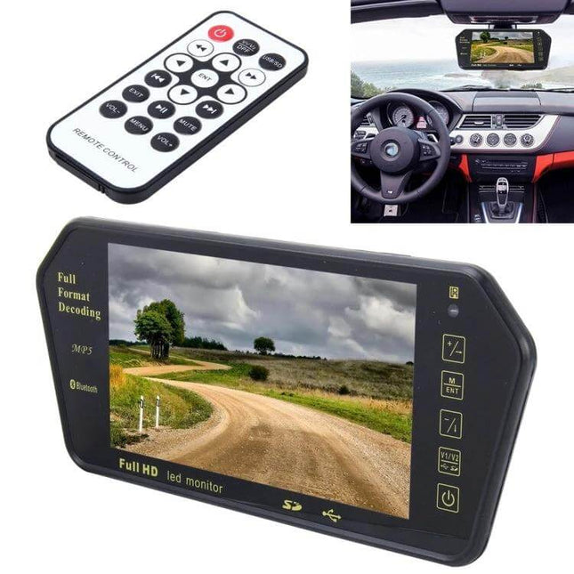 7-Inch Rear View Car Monitor with Bluetooth and Reverse Function showing dashboard install and remote control