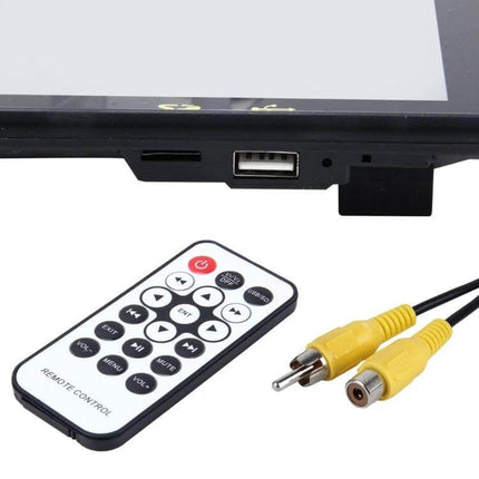 7-Inch Rear View Car Monitor with Bluetooth and Reverse Function showing USB port, remote control and RCA video cable