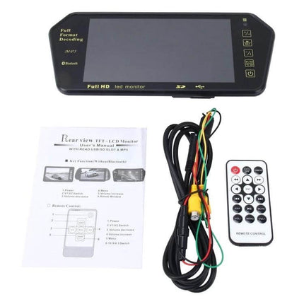 7-Inch Rear View Car Monitor with Bluetooth and Reverse Function showing screen, wiring harness, remote and manual
