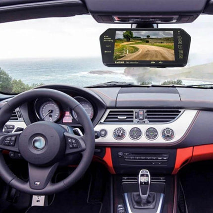 7-Inch Rear View Car Monitor with Bluetooth and Reverse Function mounted as rearview mirror display showing camera view and call controls