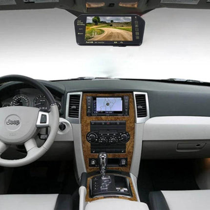 7-Inch Rear View Car Monitor with Bluetooth and Reverse Function showing rear camera and in-car Bluetooth hands-free display