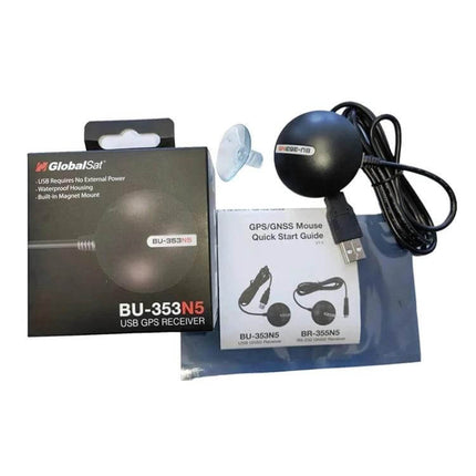 Compact USB GPS Receiver for Everyday Navigation Use black round USB GNSS mouse with cable, box and quick start guide