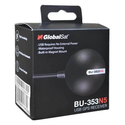 Compact USB GPS Receiver for Everyday Navigation Use - GlobalSat BU-353N5 packaged box showing waterproof, USB-powered GPS antenna