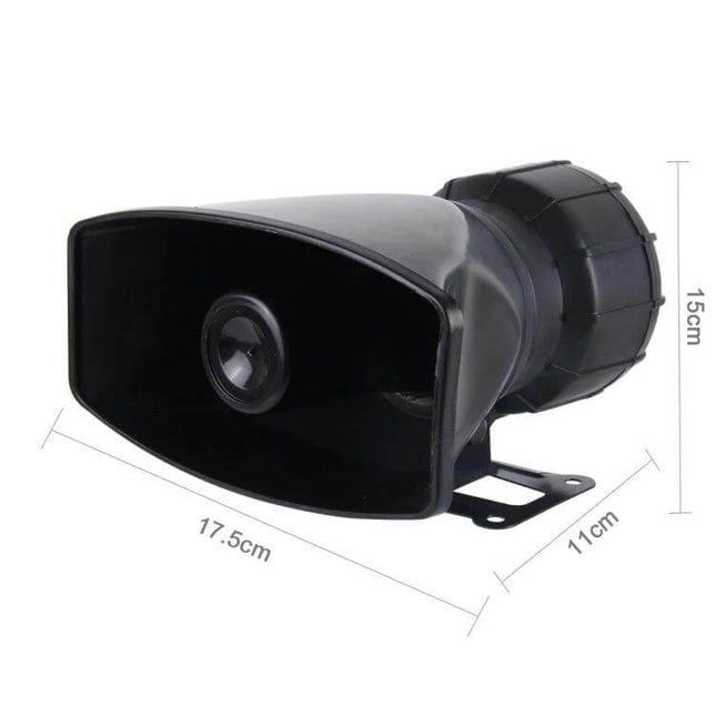 Comfort Wheels Car Air Horn with Multiple Emergency Sounds black 60W horn front view with dimensions 17.5x11x15cm