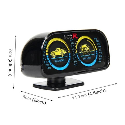 Inclinometer Gauge for Monitoring Road Slopes During Drives dashboard-mounted inclinometer showing pitching and rolling angles