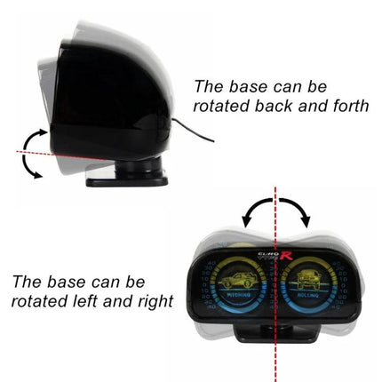 Inclinometer Gauge for Monitoring Road Slopes During Drives dashboard mount showing adjustable rotating base for pitch and roll monitoring