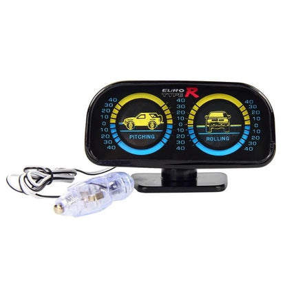 Inclinometer Gauge for Monitoring Road Slopes During Drives mounted on dashboard showing pitching and rolling angles