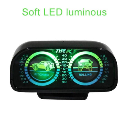 Inclinometer Gauge for Monitoring Road Slopes During Drives dashboard-mounted inclinometer with soft green LED showing pitching and rolling angles