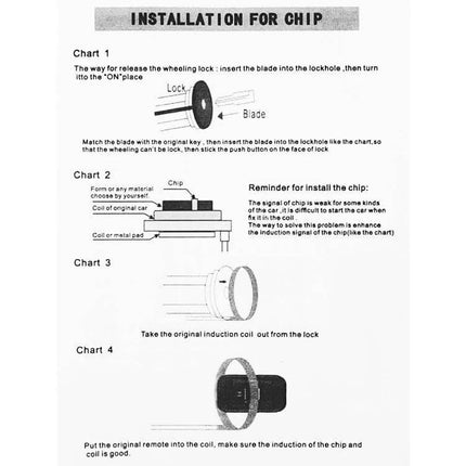 Smart Car Start Stop Switch With RFID Alarm System For Easy Start installation diagram showing chip placement, coil, and key lock steps