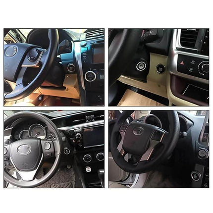 Smart Car Start Stop Switch With RFID Alarm System For Easy Start installed on various car dashboards near steering wheel for one-button engine start