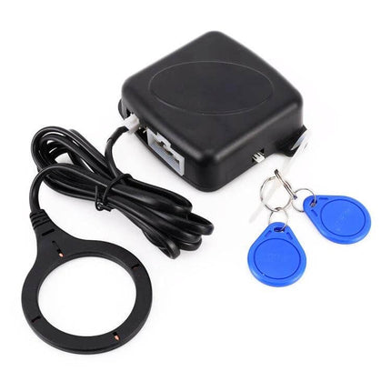 Smart Car Start Stop Switch With RFID Alarm System For Easy Start compact black control unit with RFID key fobs and antenna for one-button engine start