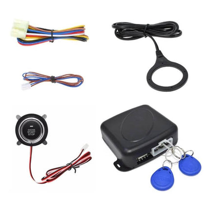 Smart Car Start Stop Switch With RFID Alarm System For Easy Start compact kit with push-button, RFID tags, wiring harness and control module