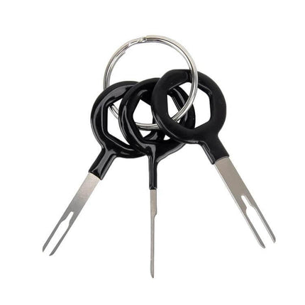 Rubberized Car Wire Terminal Extraction Tool Kit Three Pack with three rubberized grip removal tools on keyring for automotive connectors