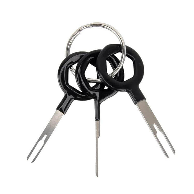 Rubberized Car Wire Terminal Extraction Tool Kit Three Pack with three rubberized grip removal tools on keyring for automotive connectors