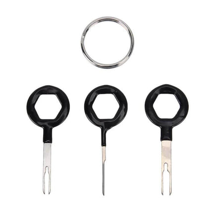 Rubberized Car Wire Terminal Extraction Tool Kit Three Pack with three black-grip extractors and keyring for automotive wire terminal removal